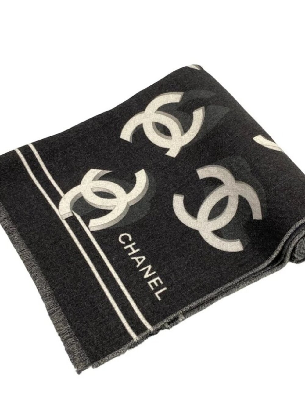 CHANEL Black Gray White Wool Scarf